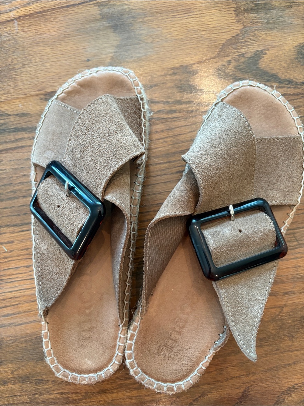 Macarena Taupe Suede Slide Sandals with Black Buckles